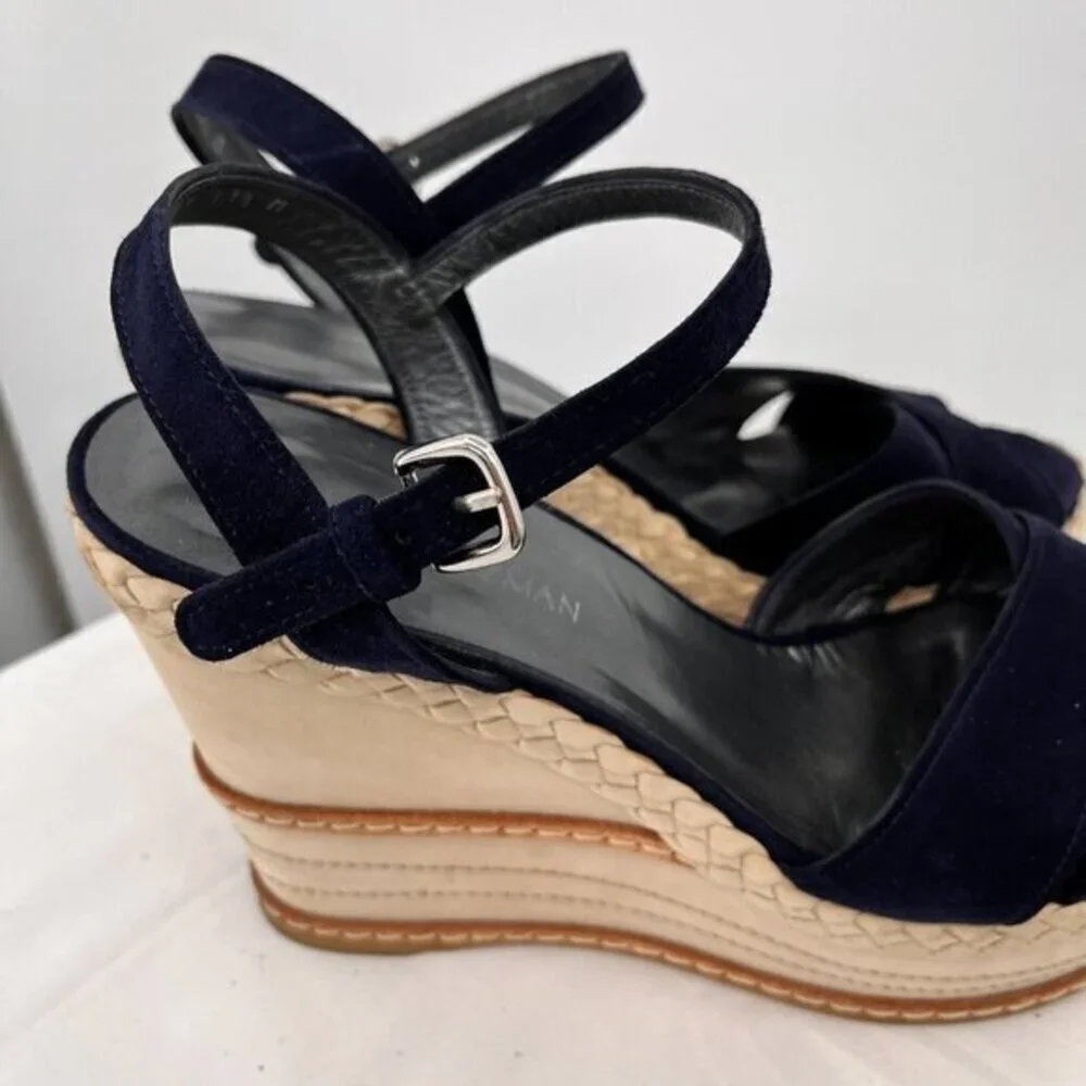 Stuart Weitzman Wedge Heeled Sandals Suede Navy Blue/Ivory 11.5 Ankle Strap Open